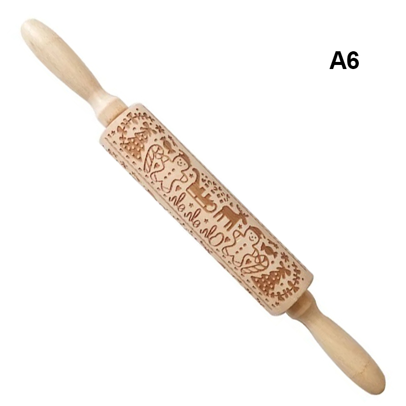 Wood-Rolling-Pin-With-Pattern-Christmas-A6 Дървенa текстурнa точилкa на коледна тема